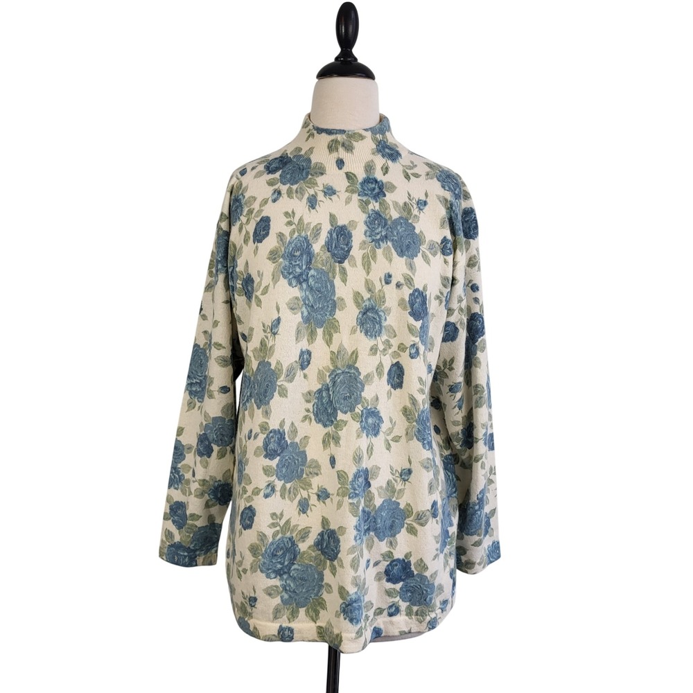 VTG Crystal Kobe Floral Angora Lambswool Sweater L Blue Green Mock Neck